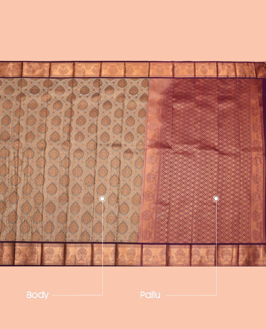 Grey Budget Silk Saree, Decorated with Jacquard Design, Complemented by a Contrast Intricate Zari Design Border, Grand Jaal Pallu, and a Contrast Blouse