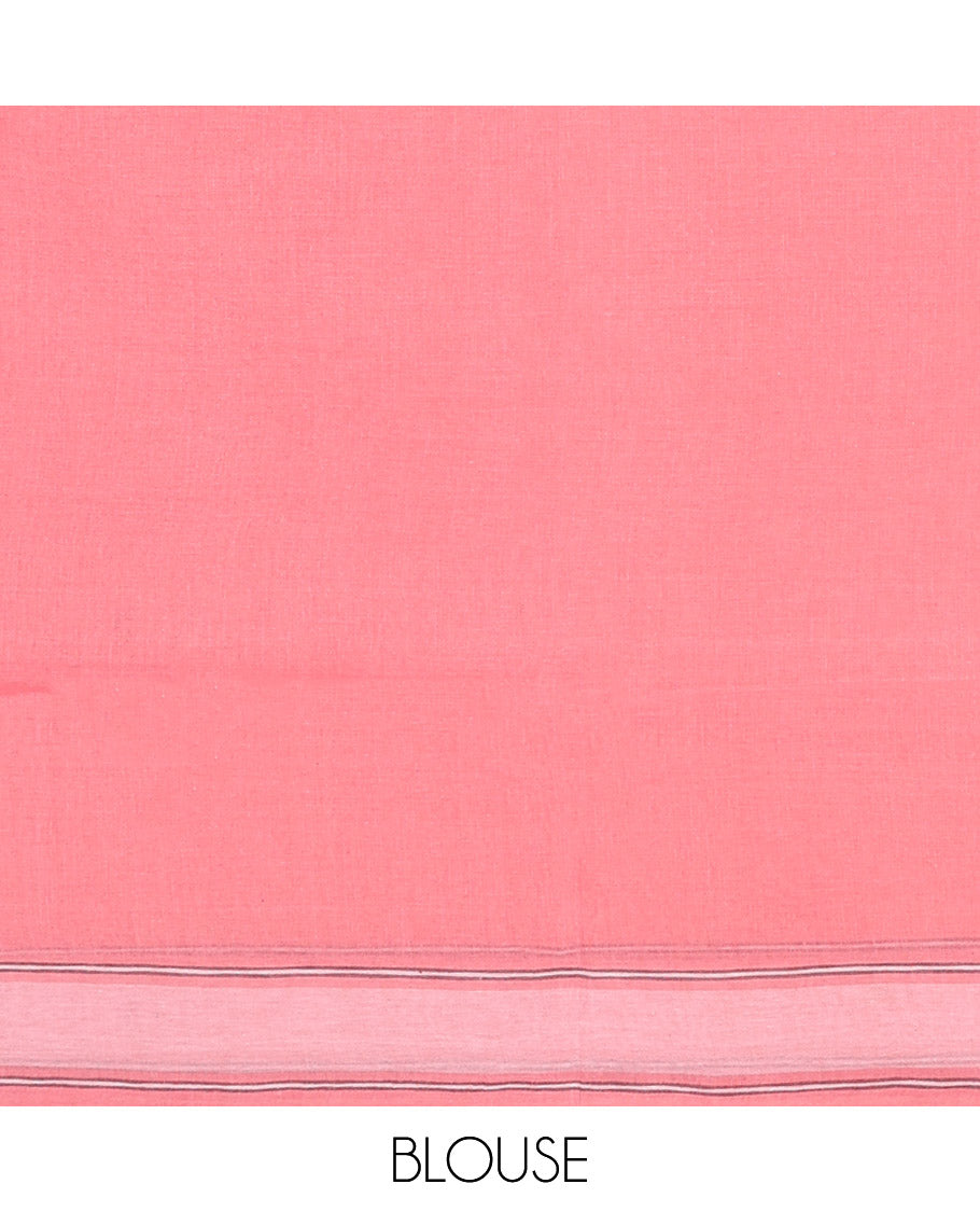 Pink Bengal Cotton Saree, Woven with Buttas, a Subtle Border, Pallu of Stripes, and a Matching Blouse