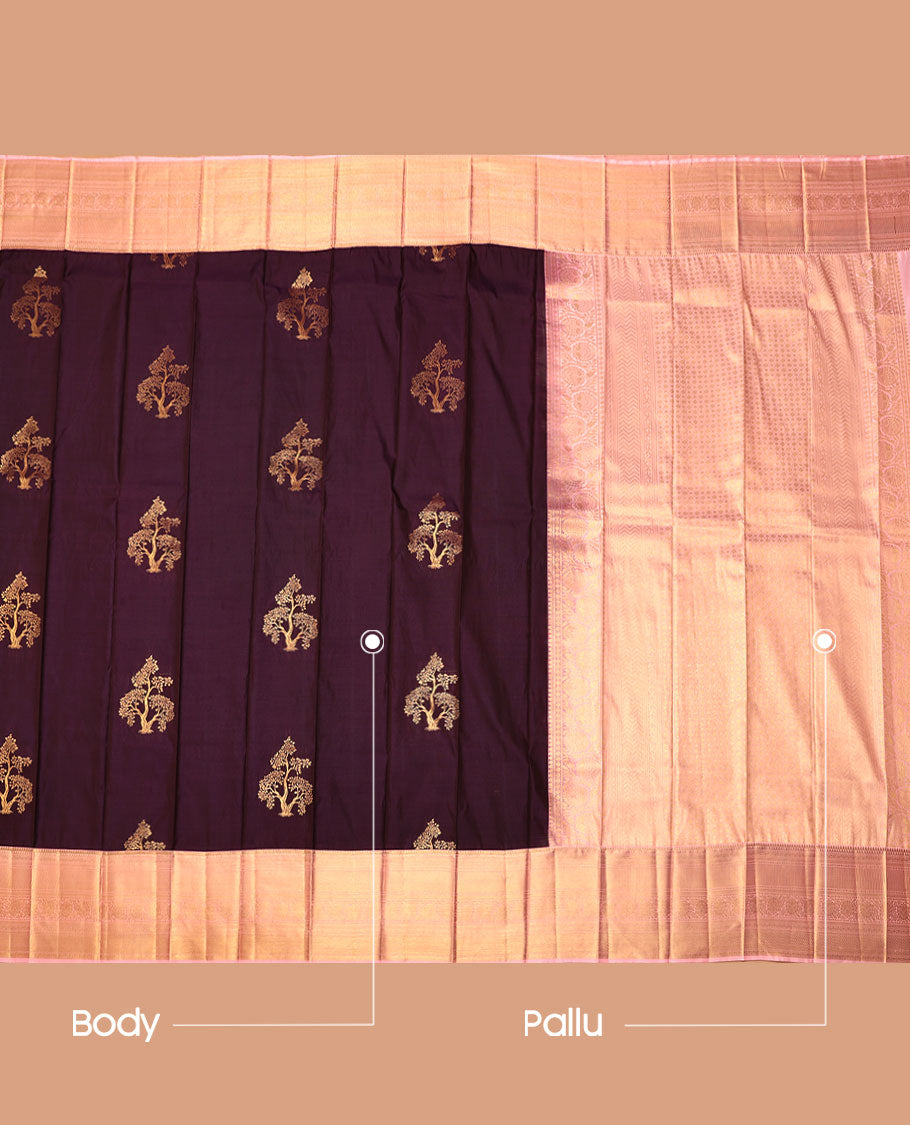 Wine Budget Silk Saree, Decorated with Tree Zari Buttas, Complemented by Contrast Traditional Zari Border, an Intricate Pallu and a Contrast Blouse