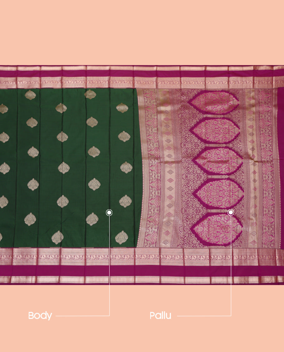 Green Budget Silk Saree, Mesmerized with Zari Buttas, Complemented by a Contrast Traditional Zari Rettai Pettu Border, Grand Pallu, and a Contrast Blouse
