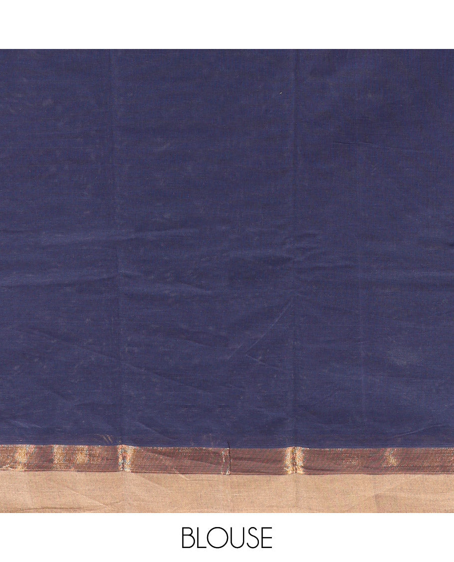 Navy Kanchi Cotton Saree, Adorned with Buttas, Complemented by a Contrast Border, Intricate Pallu, and a Matching Blouse