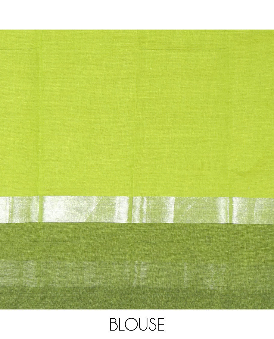 Pale Green Chirala Cotton Saree, Steeped with Floral-Bird Print, a Contrast Border, Printed Pallu, and a Matching Blouse