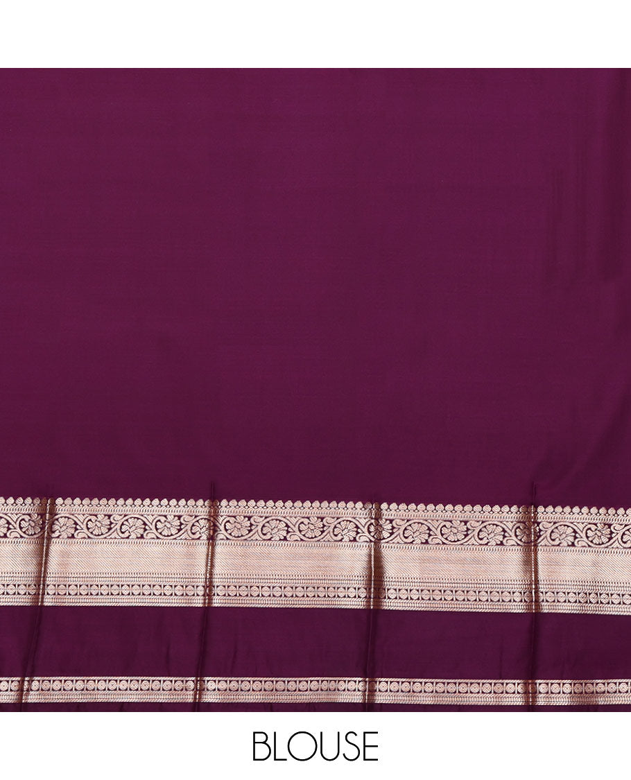 Orange Budget Silk Saree, Highlighted by Zari Buttas All Over Its Body, Complemented by a Contrast Traditional Zari Design Rettai Pettu Border, Intricately Designed Pallu, and Paired with a Contrast Blouse