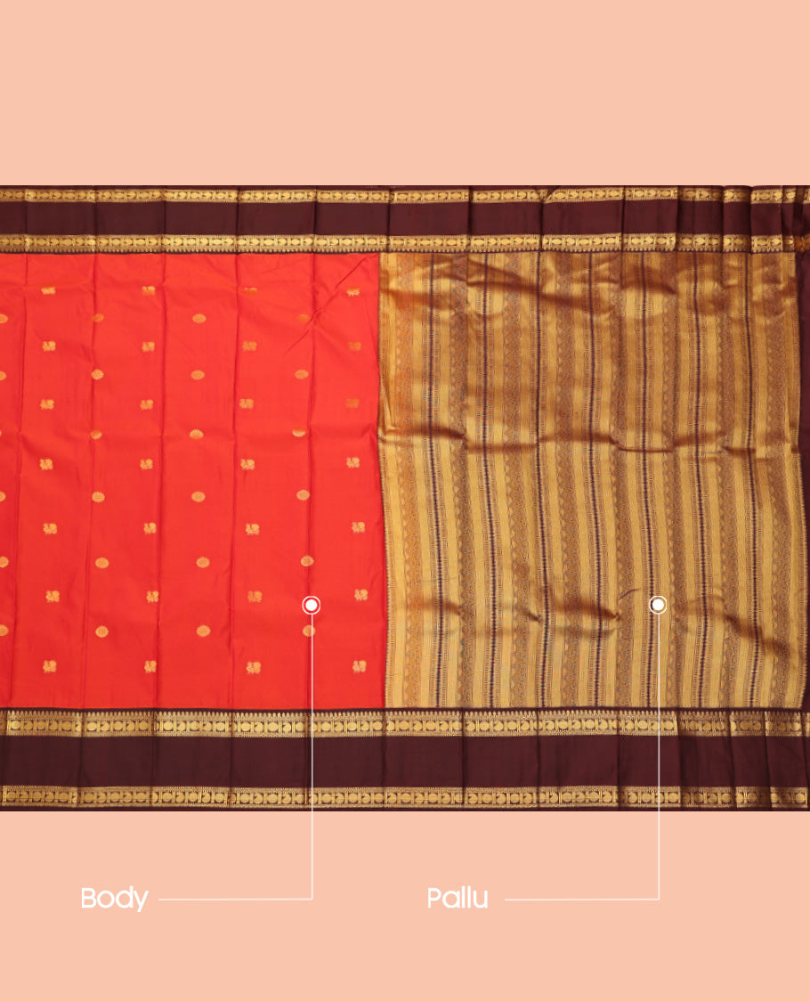 Orange Budget Silk Saree, Gleamed Up with Zari Buttas, Complemented by a Contrast Traditional Zari Rettai Pettu Border, Geometric Pallu, and a Contrast Blouse