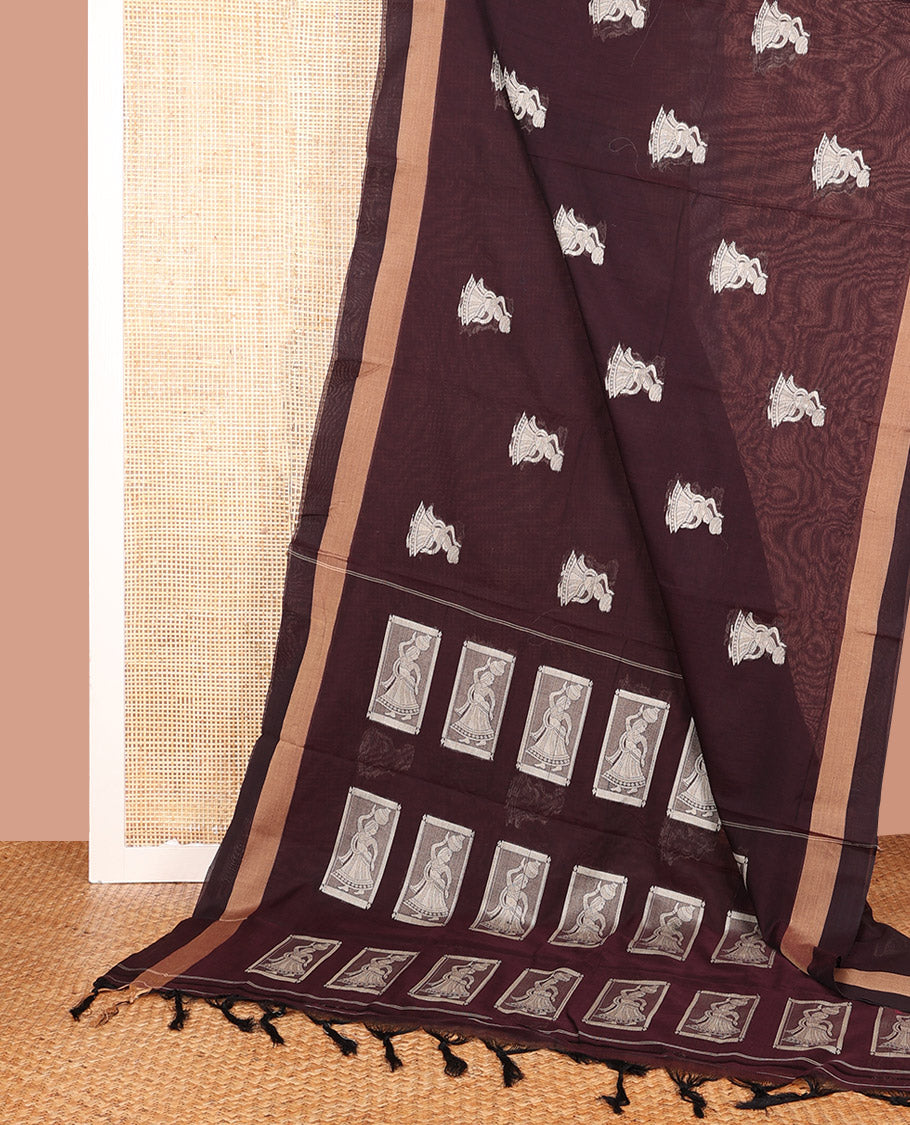 Brown Narayanapet Cotton Saree Embellished with Girl with a Pot Motifs, Subtle Self-Border, Pallu Mirrors the Same Body Motifs, and Paired with a Matching Blouse