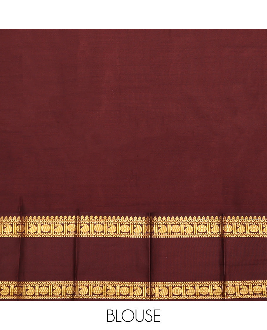 Orange Budget Silk Saree, Gleamed Up with Zari Buttas, Complemented by a Contrast Traditional Zari Rettai Pettu Border, Geometric Pallu, and a Contrast Blouse