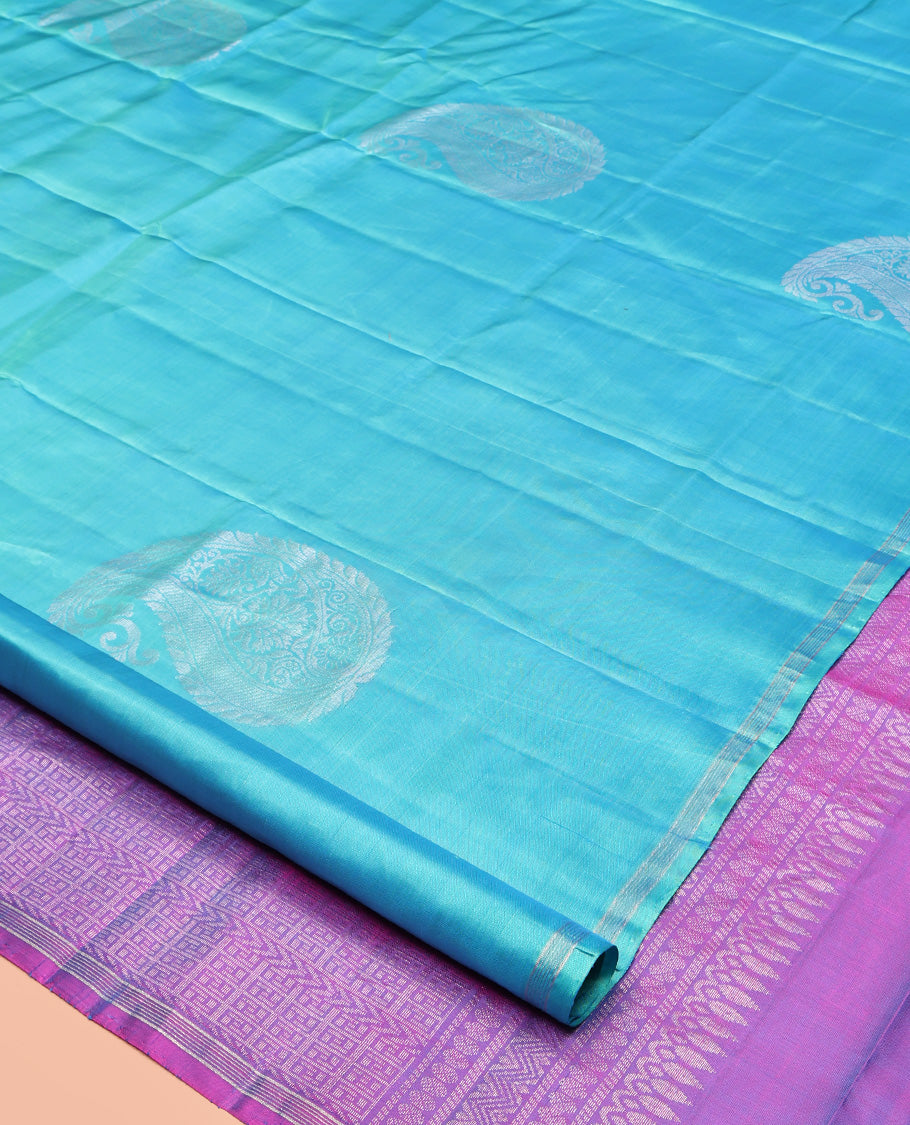 Blue Mayuri Lite Silk Mix Saree, Decorated with Arumbu Manga Buttas All Over Its Body, Highlighted by a Piping Border, Complemented by a Contrast Pallu of Intricate Designs, and Paired with a Contrast Blouse