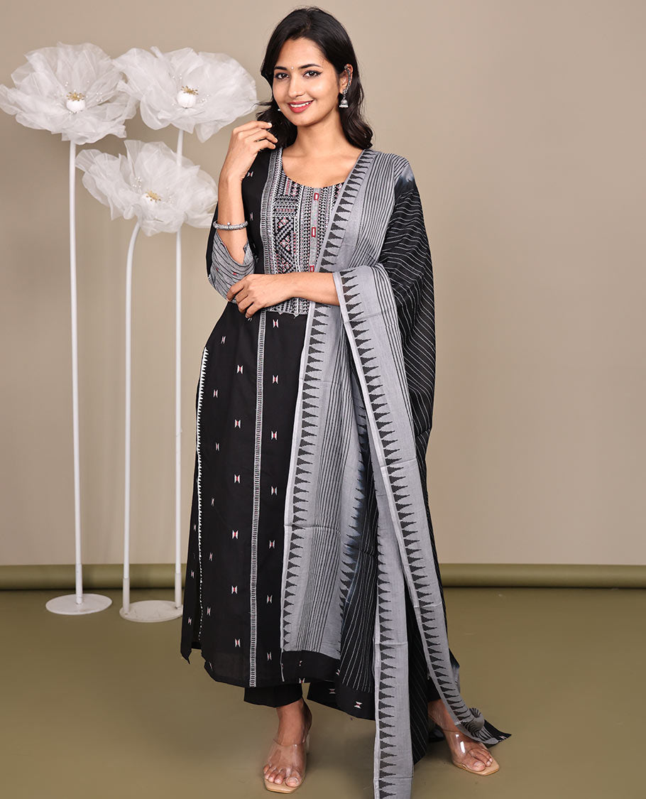 Black Ready-Made Cotton Suit, Delicately Woven with Geometric Weave, 3/4 Sleeves, and a Straight-Cut Top, Paired with Straight-Cut Pants and a Contrast Temple and Striped Dupatta