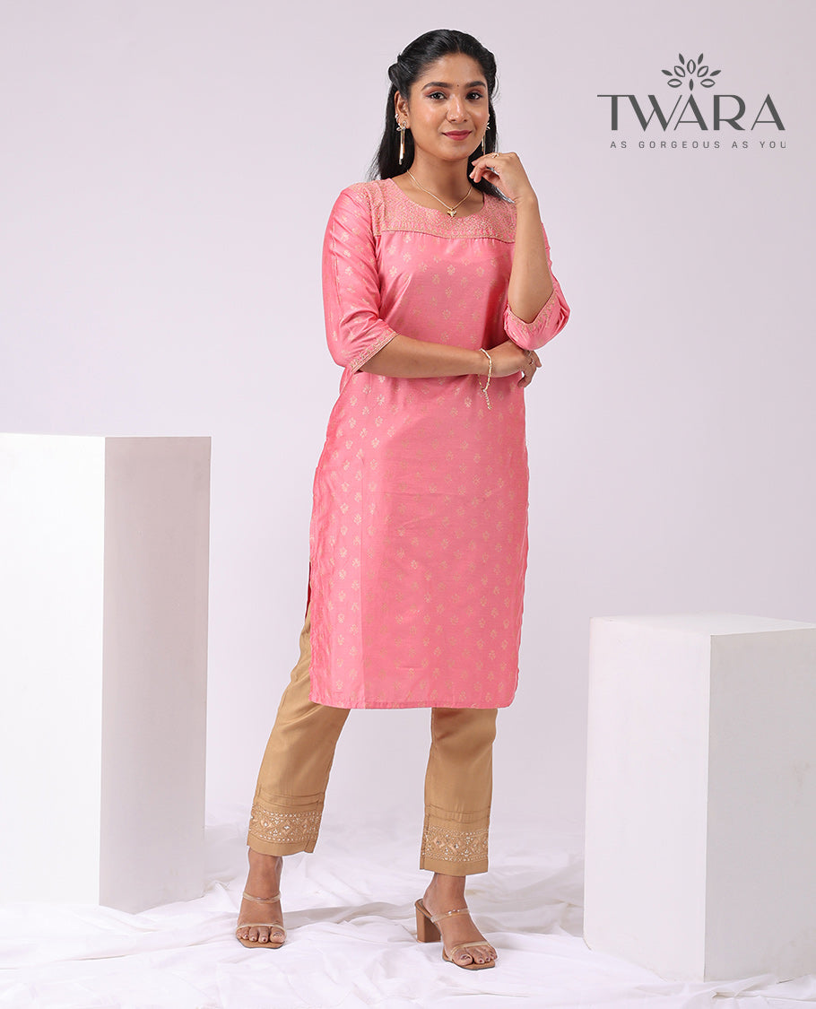 Twara peach embroidered round neck, 3/4 th sleeve , knee lenght straight cut kurti
