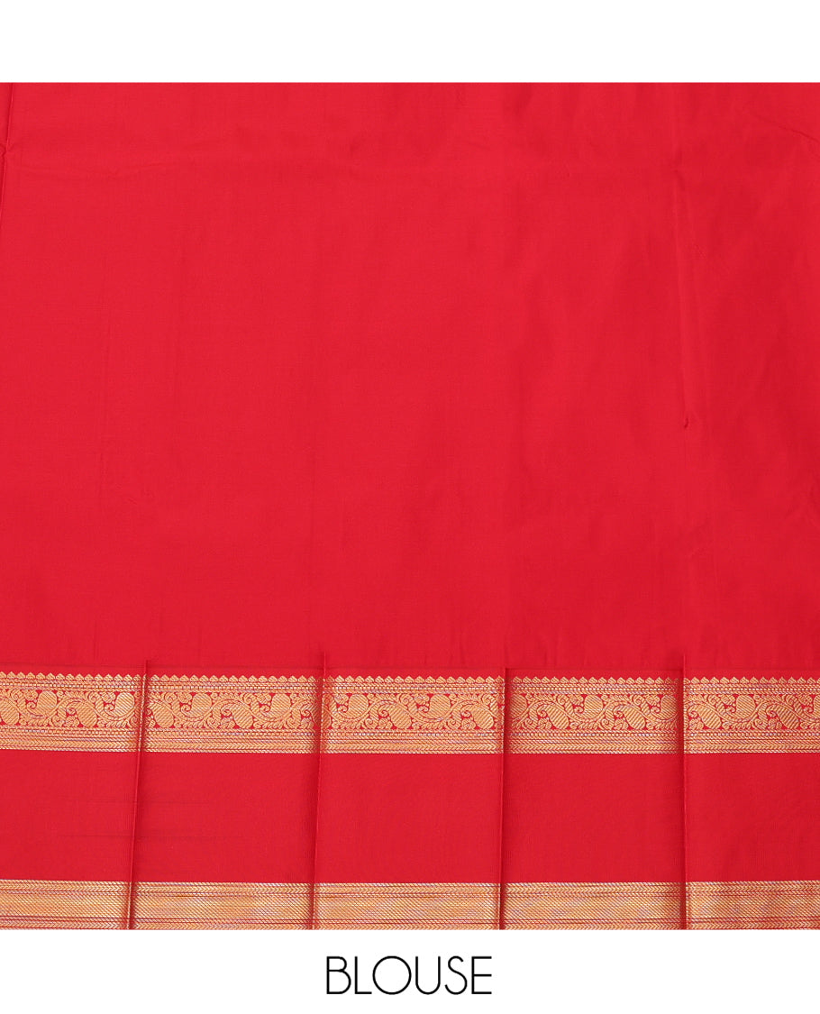 Sandal Budget Silk Saree, Sparsely Threaded with Zari Buttas, a Contrast Traditional Zari Rettai Pettu Border, Grand Pallu, and a Contrast Blouse