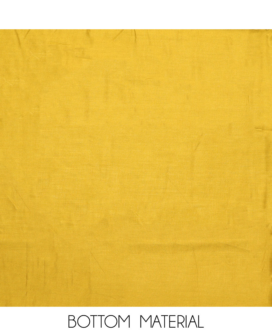 Yellow Material Chudidar Set, Creatively Printed with Mughal-Style Arches Printed Rayon Top, a Plain Rayon Bottom, and Paired with a Mughal-Style Arches Printed Cotton Dupatta