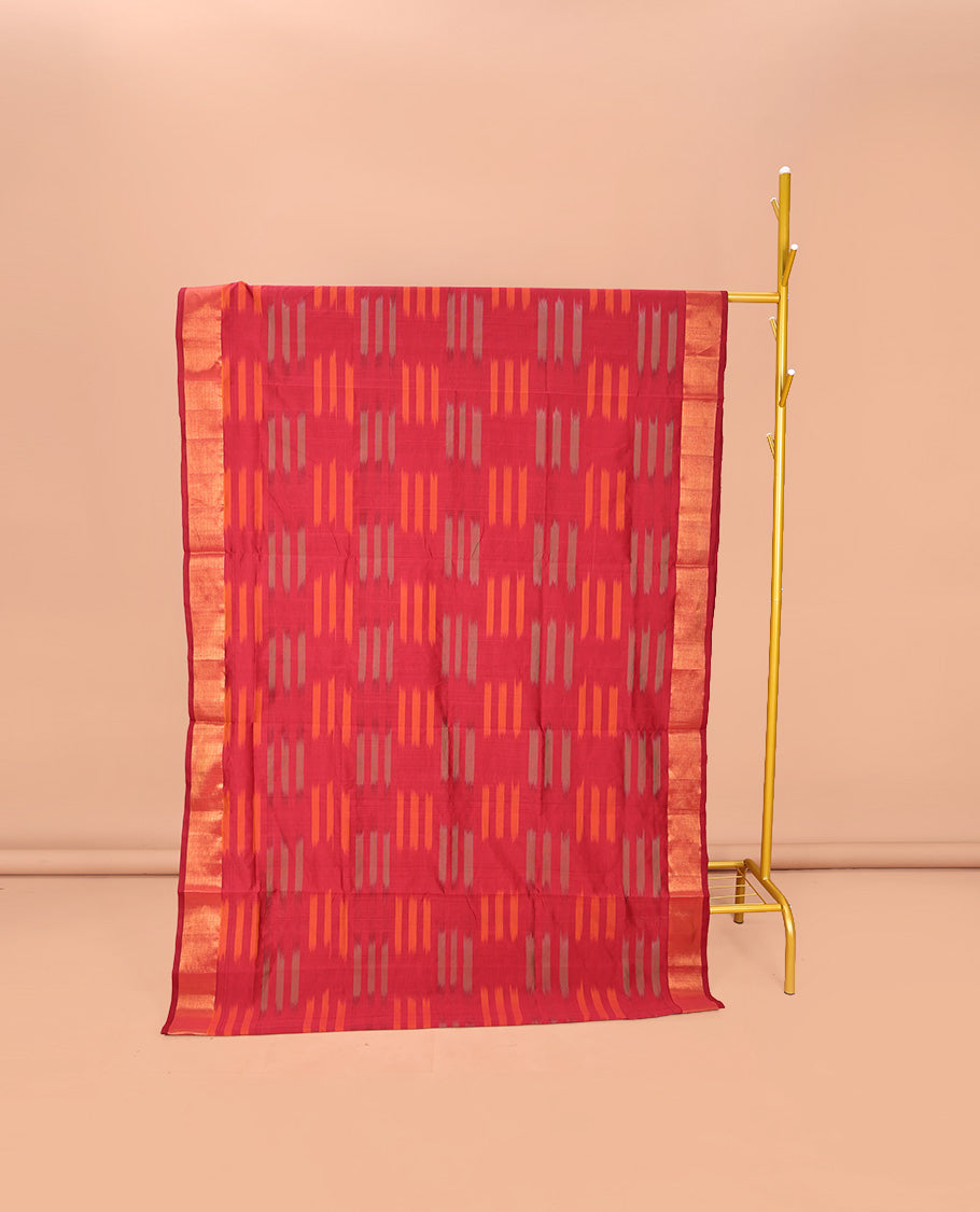 Maroon Poly Cotton Saree, Subtly Sparked with Buttas, Subtle Bavanji Border, Complemented by Contrast Pallu of Stripes, and Paired with a Contrast Blouse