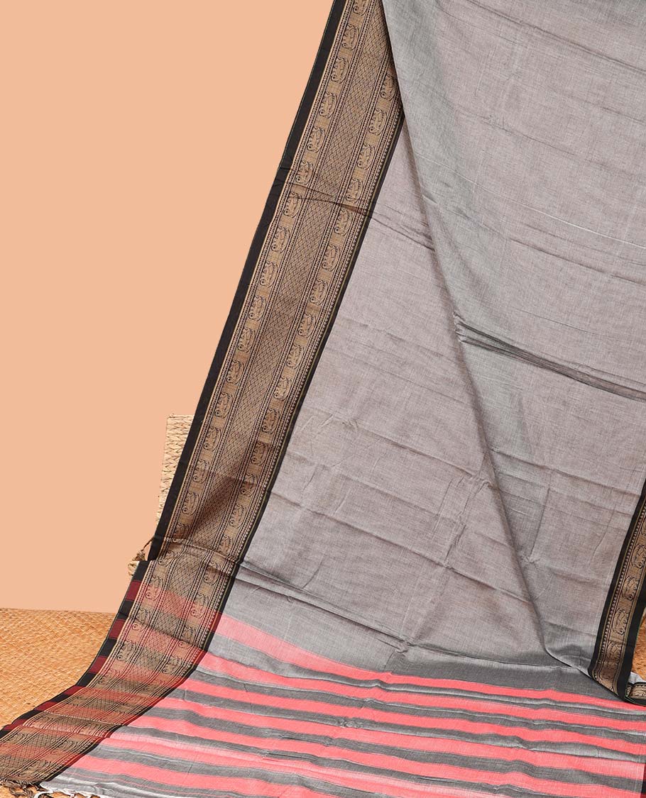 Grey plain Narayanapet cotton saree, contrast traditional design border & striped pallu