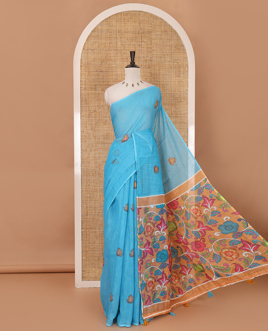 Borderless blue pichwai lotus printed linen saree, contrast kalamkari floral vine printed pallu & contrast kalamkari floral vine printed blouse