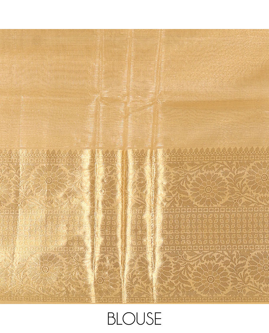 Gold sparsely checks Banaras tissue saree, big zari border of thilakam mokku, leaf motif & floral creeper & zari design blouse