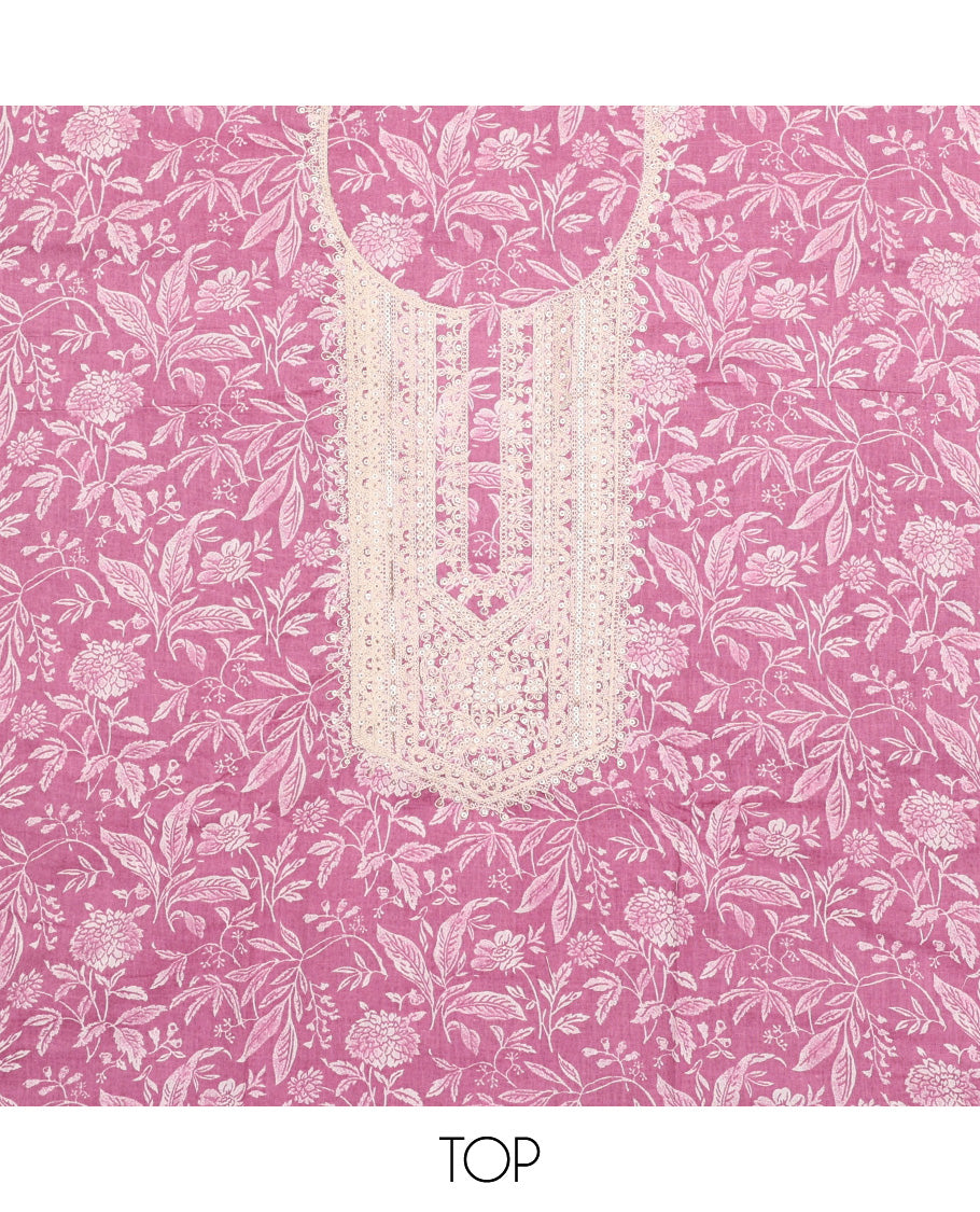 Pink chudidhar material set floral printed with sequins embroidery top, contrast thread embroidery bottom & floral motif thread embroidery scallop border dupatta