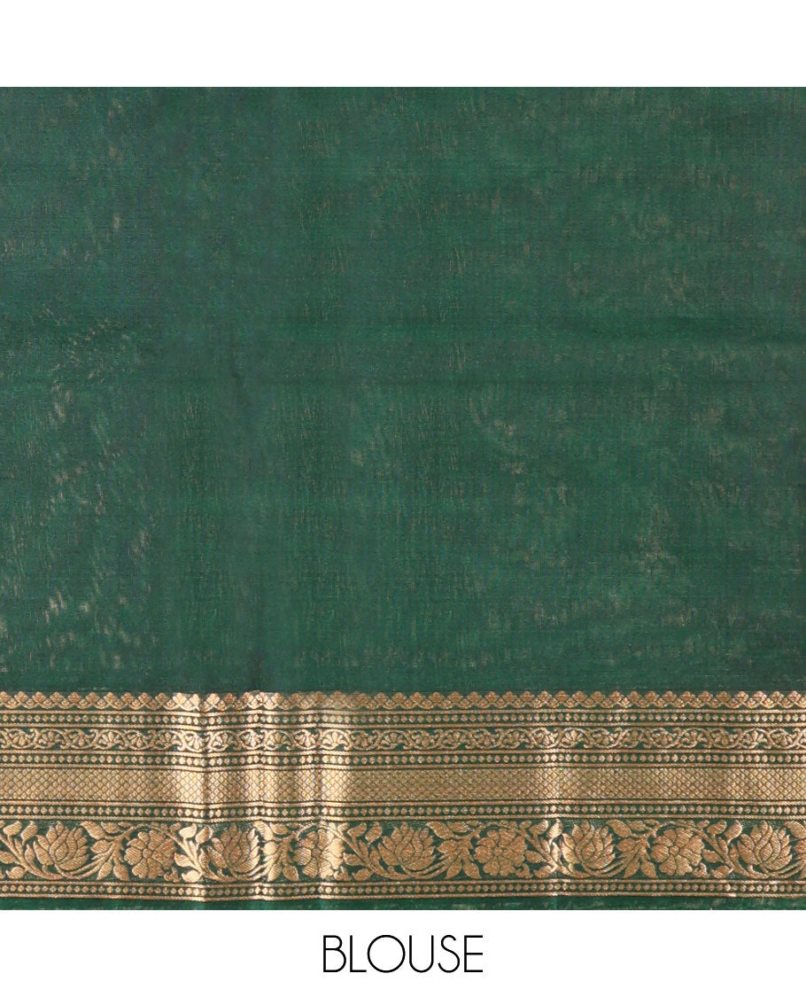 Dark green motifs silk cotton saree with intricate zari design border & floral design pallu