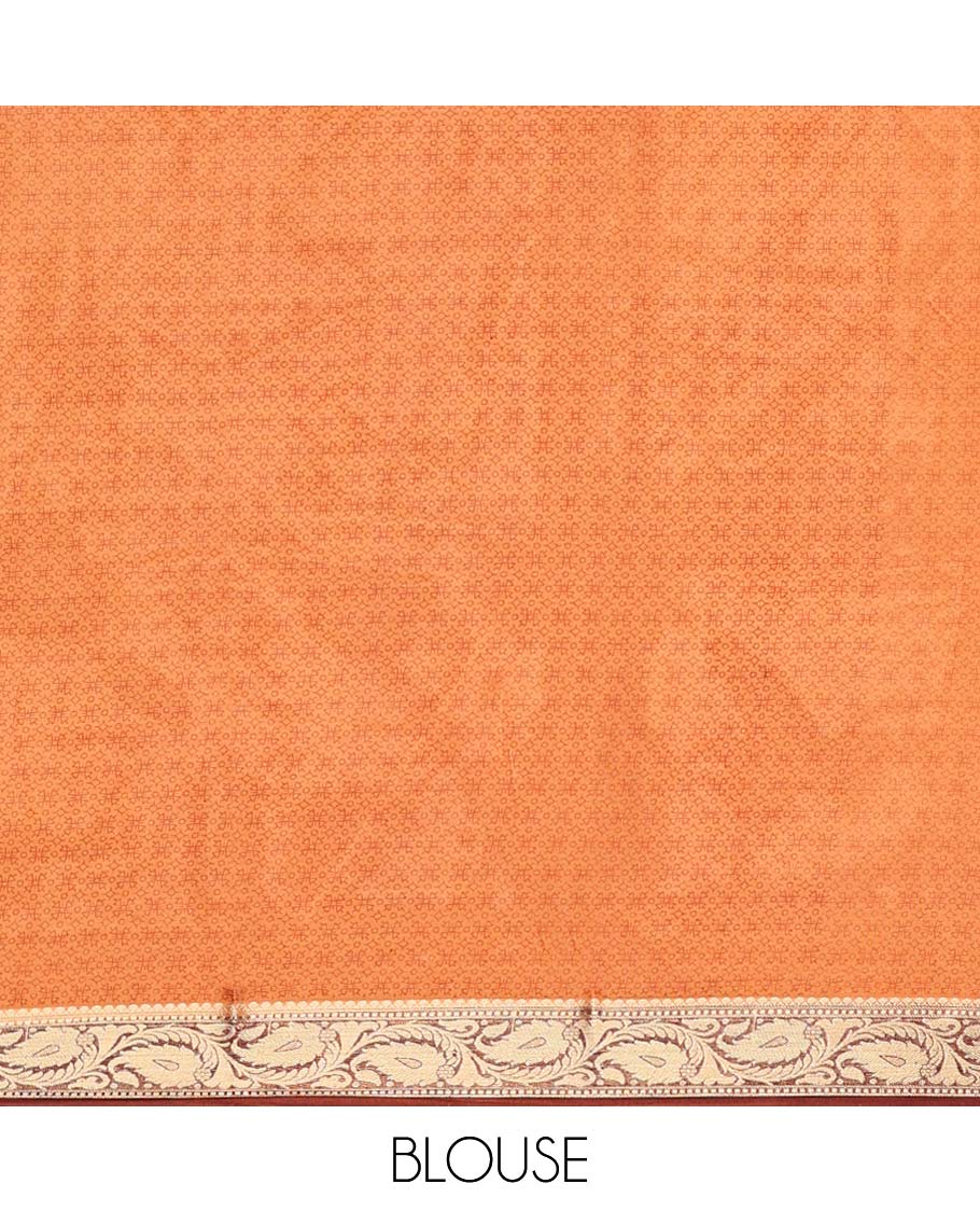 Peach micro-motifs printed semi-banaras printed saree, contrast floral & paisley vine border & intricate pallu