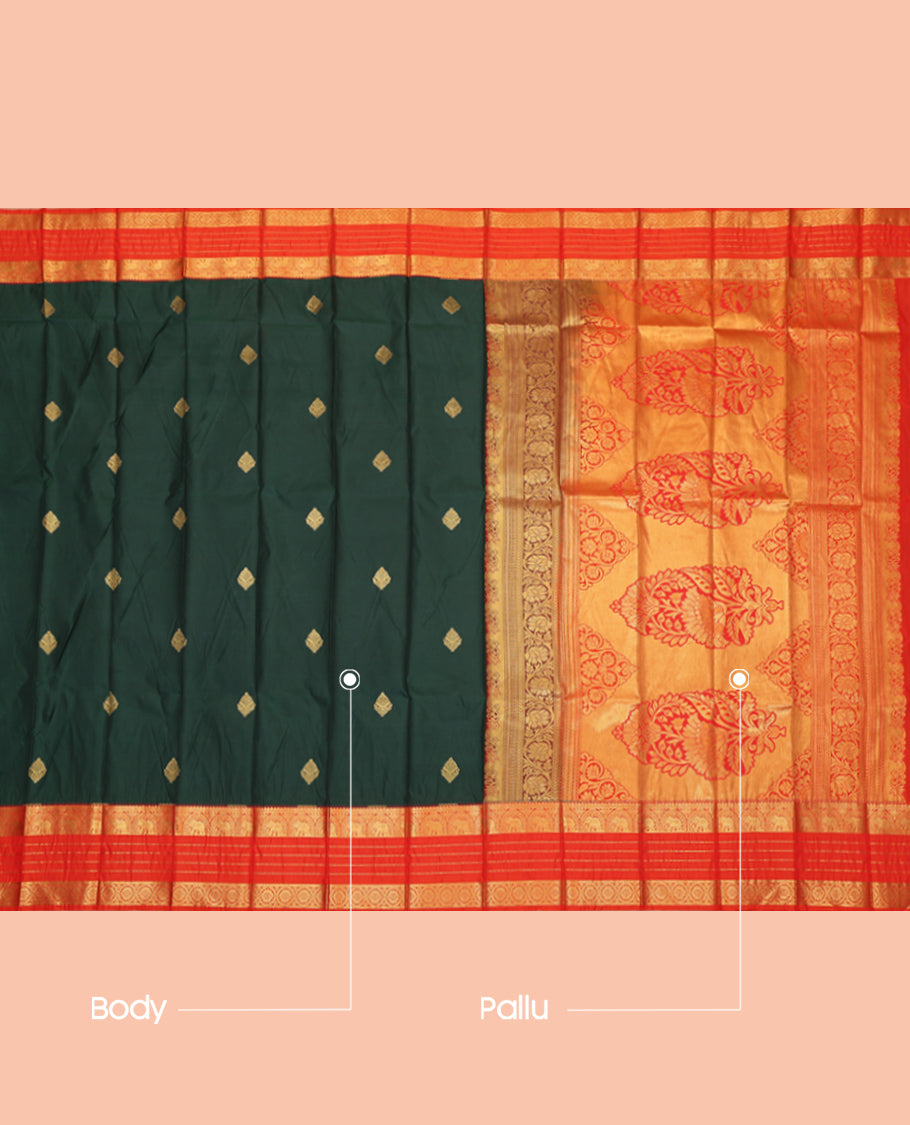 Green Budget Silk Saree, Accentuated with Zari Buttas, Complemented by Contrast Traditional Zari Border, a Grand Pallu and a Contrast Blouse