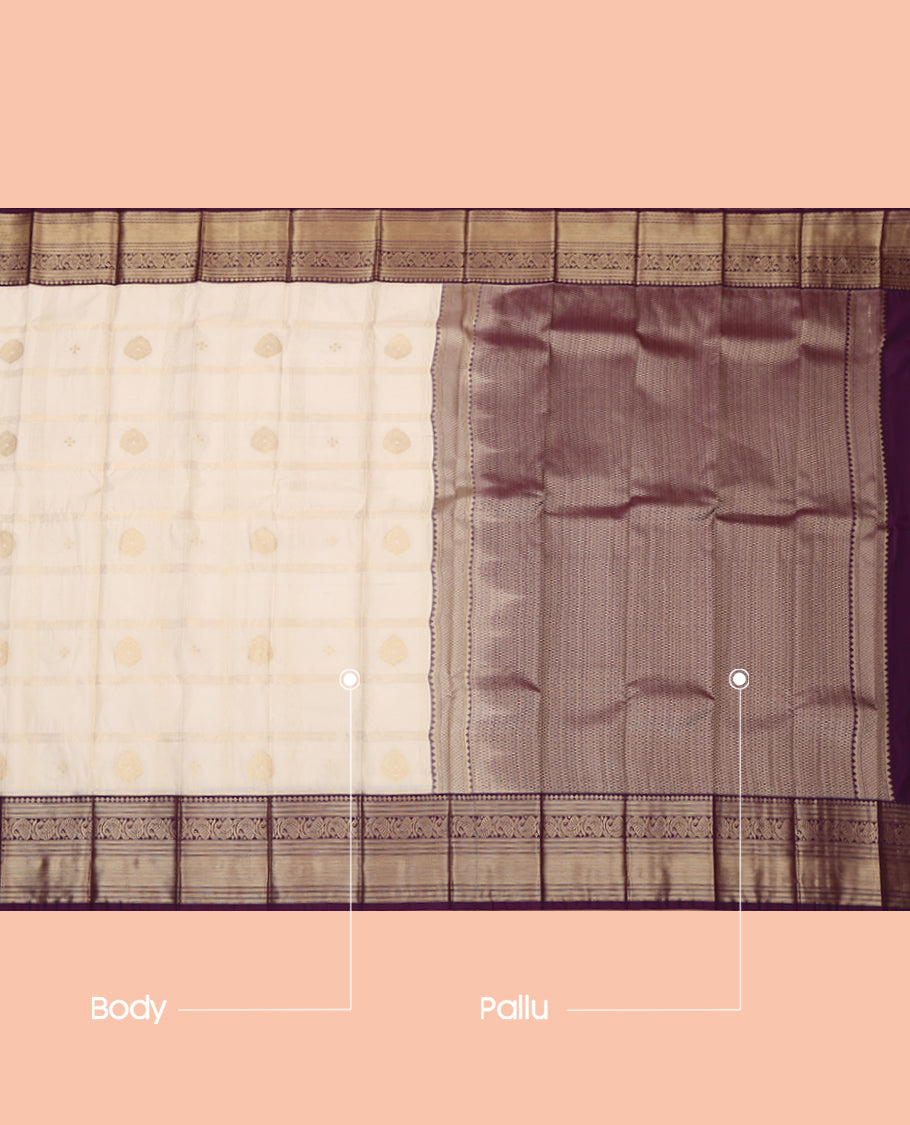Cream Budget Silk Saree, Mesmerized with Zari Butta Enclosed Checks, a Contrast Traditional Zari Border, Grand Pallu, and a Contrast Blouse
