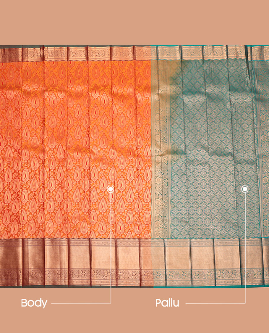 Orange Budget Silk Saree, Decorated with Jacquard Design, Complemented by a Contrast Traditional Zari Border, Grand Jaal Pallu, and a Contrast Blouse