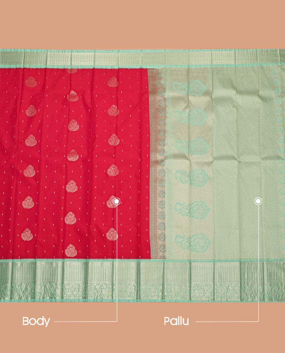 Pink Budget Silk Saree, Decorated with Zari Buttas, Contrast Traditional Zari Design Featured Border, Pallu of Jaal and Paisley Designs, and a Contrast Blouse