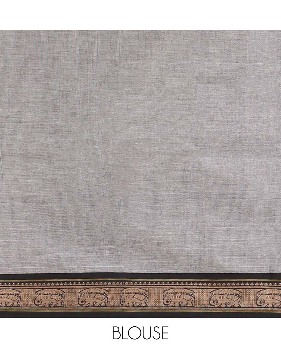 Grey plain Narayanapet cotton saree, contrast traditional design border & striped pallu