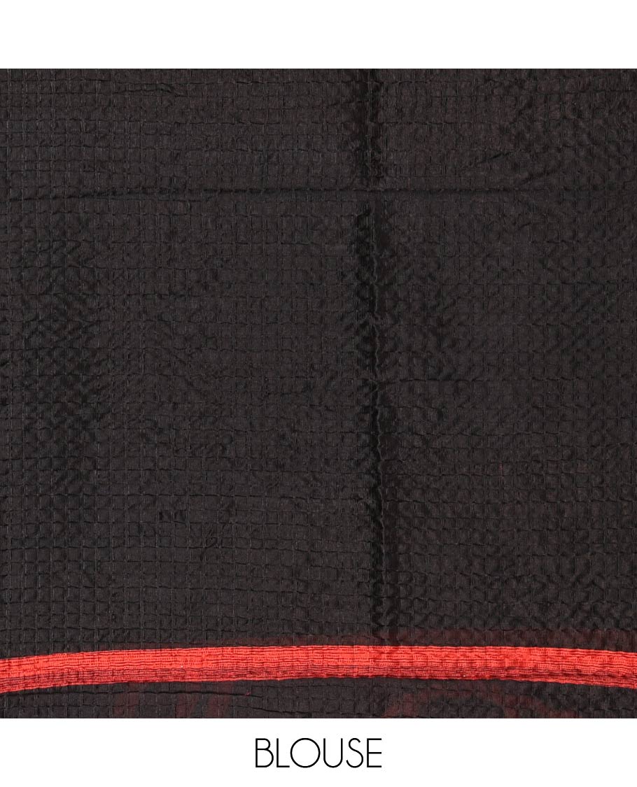 Black-base crushed litchi saree features fancy yellow color floral printed body, printed piping border & pallu