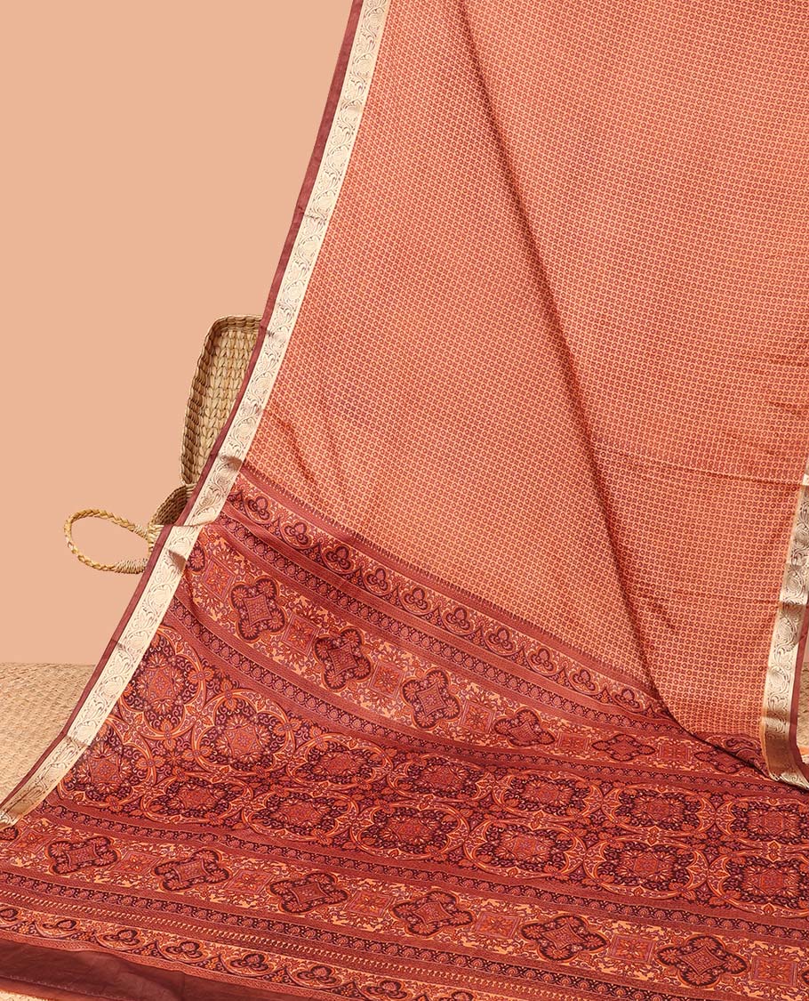 Peach micro-motifs printed semi-banaras printed saree, contrast floral & paisley vine border & intricate pallu