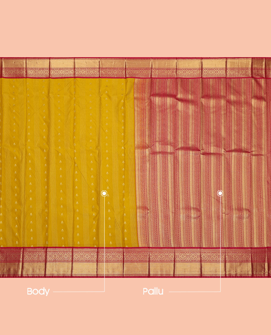 Yellow Budget Silk Saree, Subtly Sparkled with Zari Buttas and Stripes on Its Body, Complemented by a Contrast Traditional Zari Design Border, Grand Geometric Patterned Pallu, and Paired with a Contrast Blouse