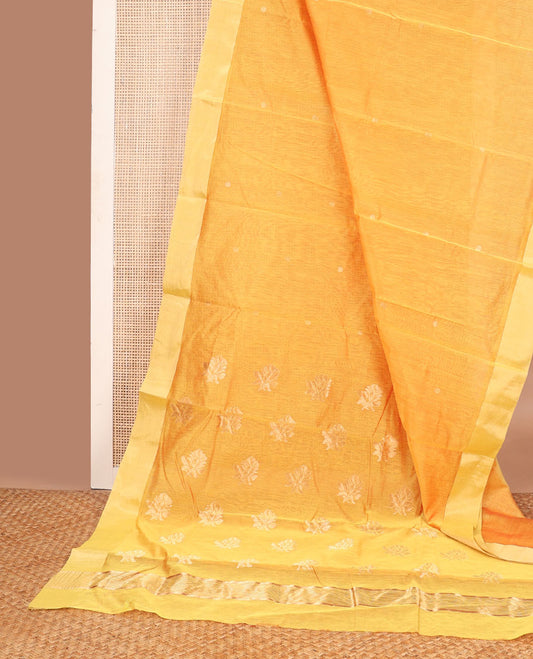 Orange chanderi cotton saree with contrast zari border & floral design pallu