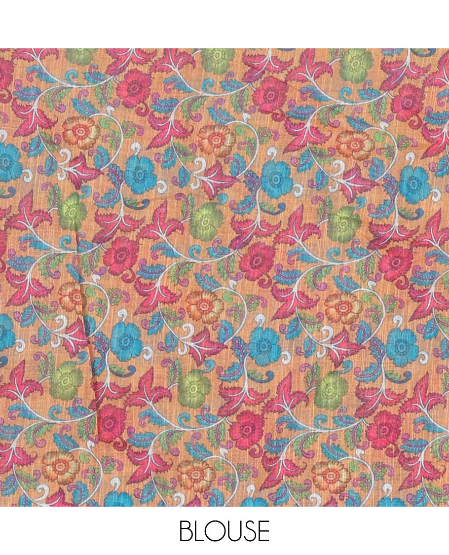 Borderless blue pichwai lotus printed linen saree, contrast kalamkari floral vine printed pallu & contrast kalamkari floral vine printed blouse