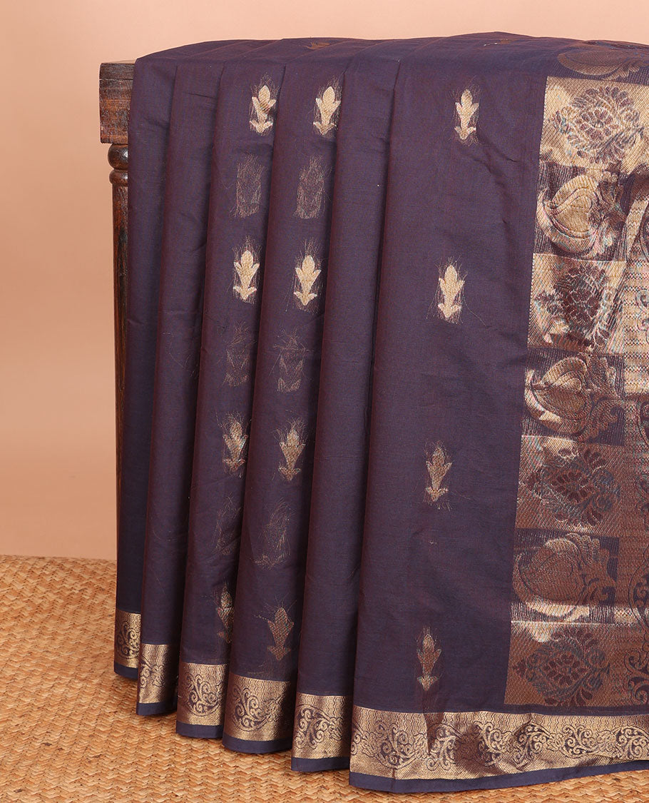 Brown buttas Combatiore cotton saree, zari border & pallu of floral & paisley designs