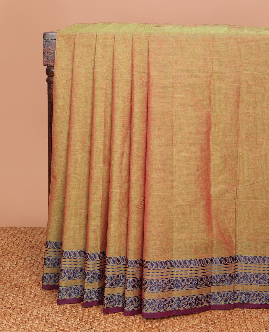 Green dual-tone plain Chettinad cotton saree, thread-woven border of paisleys & floral designs, & pallu of buttas & stripes