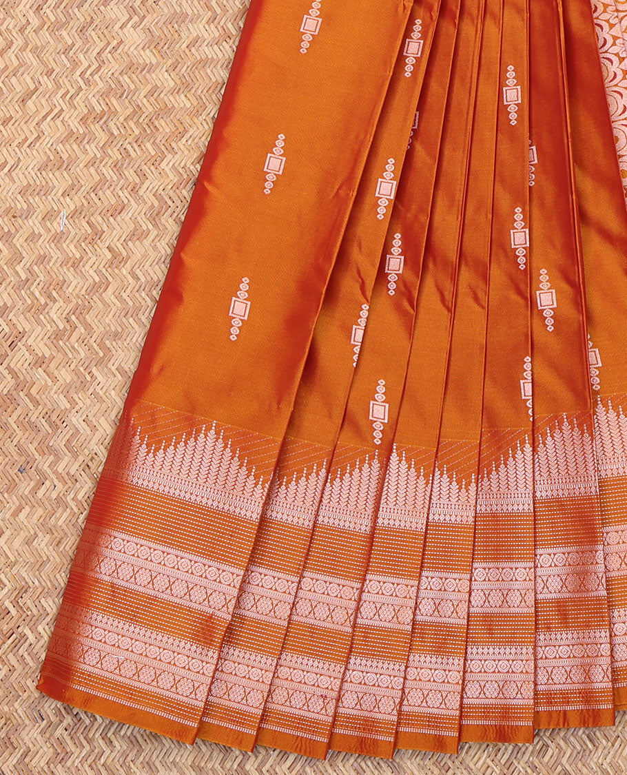 Orange Budget Silk Saree, Delicately Woven with Zari Buttas All Over Its Body, Highlighted by a Traditional Zari Design Border, Intricately Designed Pallu, and Paired with a Matching Blouse