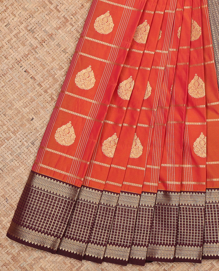 Rust Budget Silk Saree, Highlighted by Zari Buttas and Checks, Complemented by a Contrast Traditional Zari Border, Grand Pallu, and Contrast Blouse