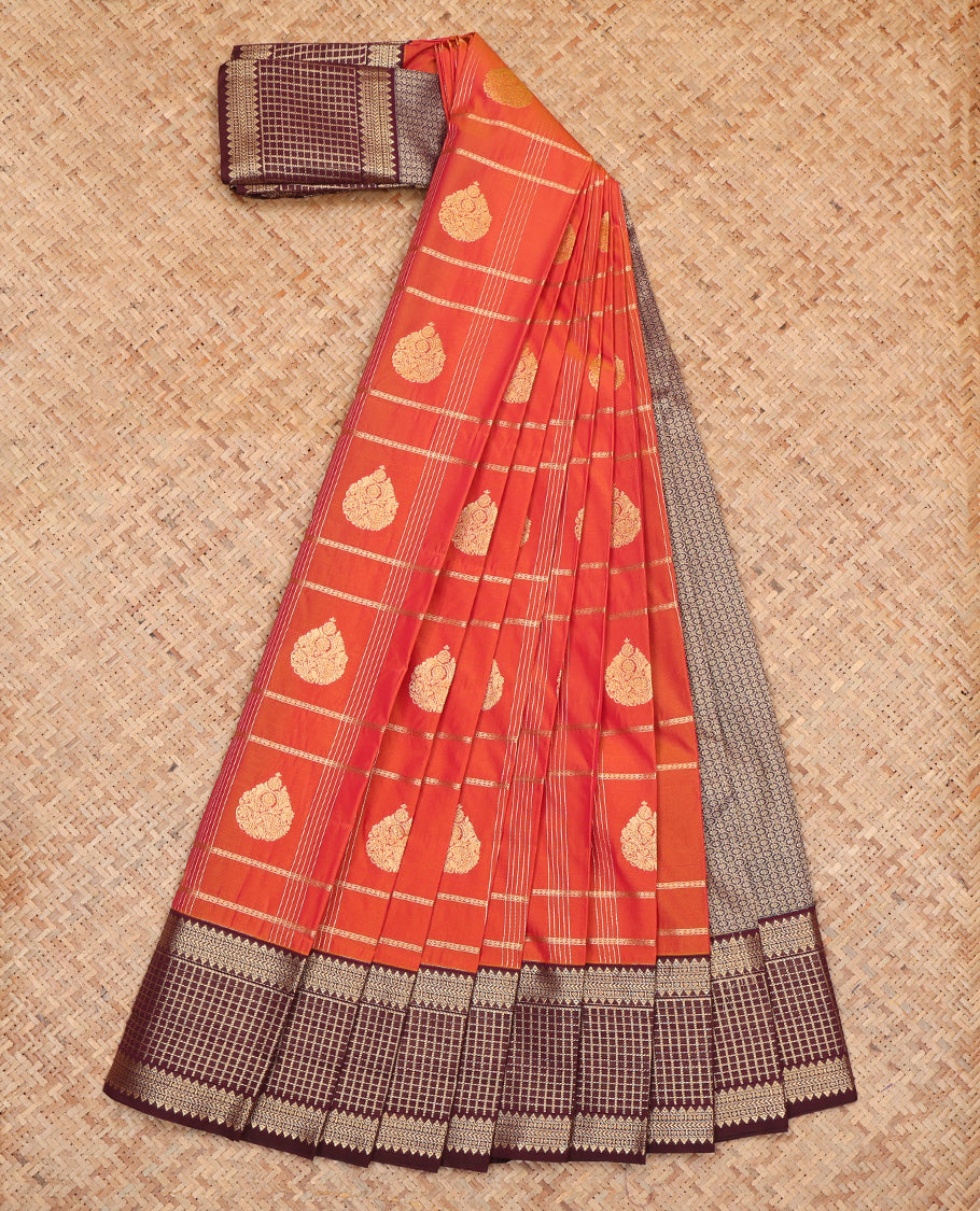 Rust Budget Silk Saree, Highlighted by Zari Buttas and Checks, Complemented by a Contrast Traditional Zari Border, Grand Pallu, and Contrast Blouse