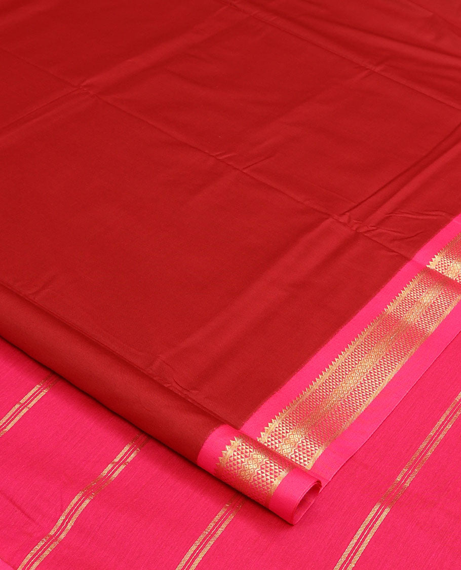 Cherry red plain nine-yard cotton saree, contrast traditional zari border, and zari striped pallu