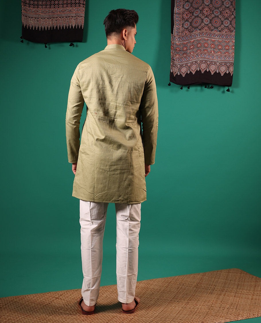 Green texture embossed full-sleeved men's kurta