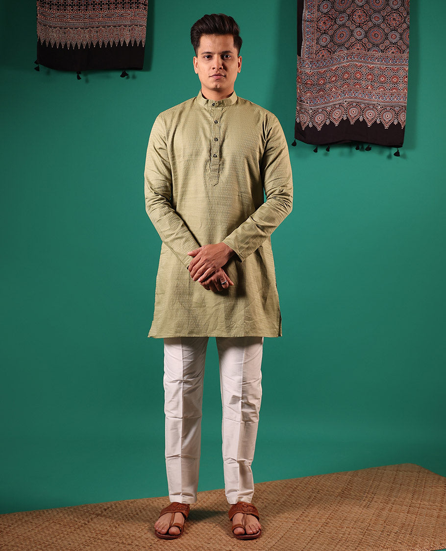 Green texture embossed full-sleeved men's kurta