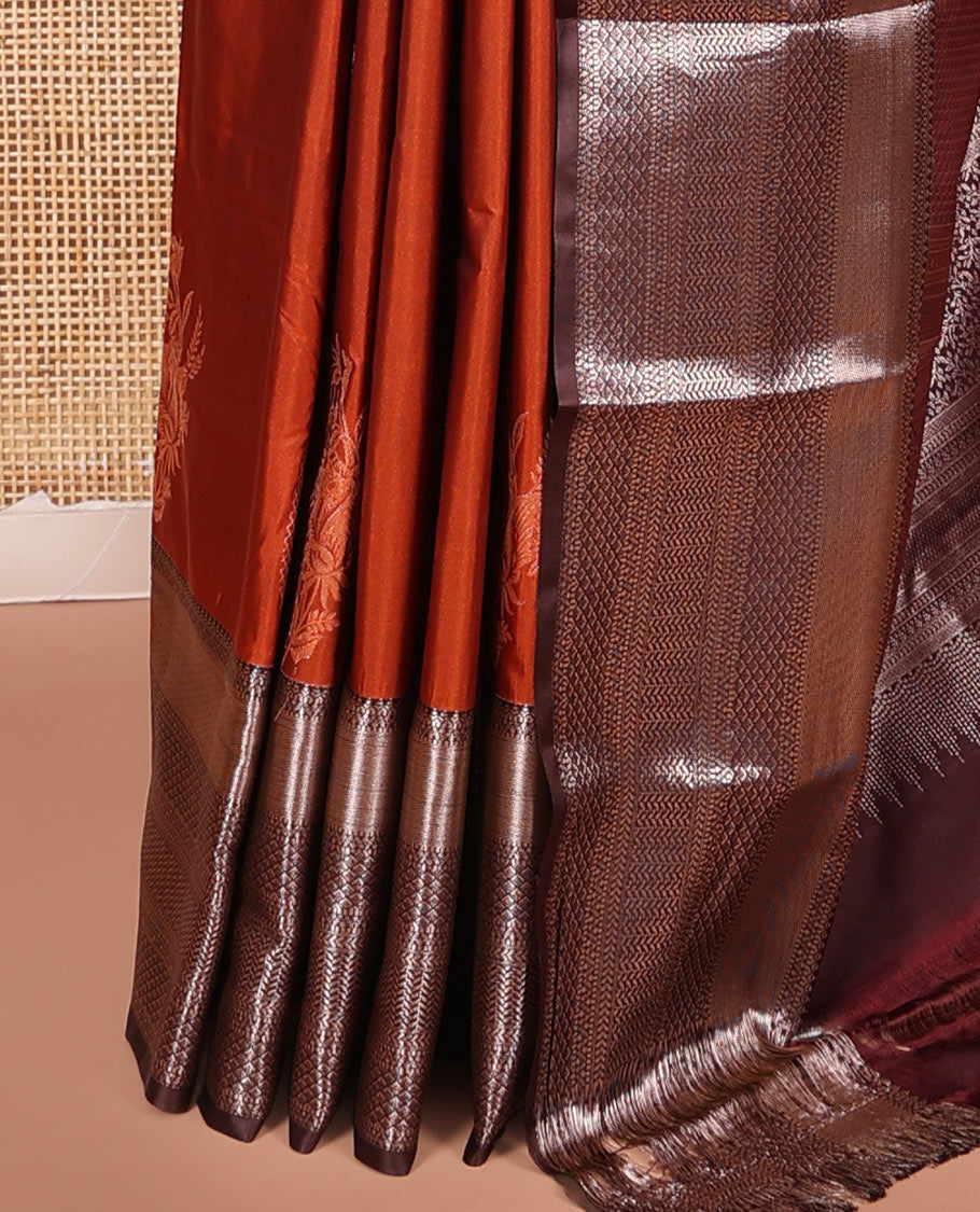 Rust Budget Silk Saree, Featuring Zari Buttas on Its Body, Complemented by a Contrast Traditional Zari Design Border, Intricately Designed Pallu, and Paired with a Contrast Blouse