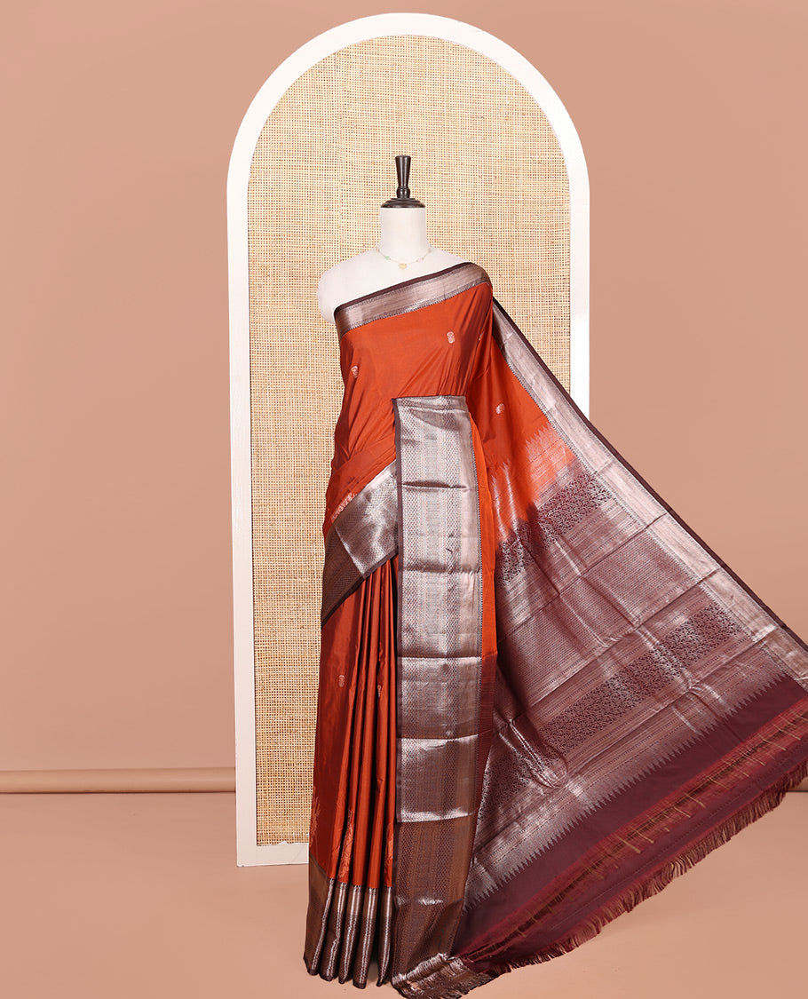 Rust Budget Silk Saree, Featuring Zari Buttas on Its Body, Complemented by a Contrast Traditional Zari Design Border, Intricately Designed Pallu, and Paired with a Contrast Blouse