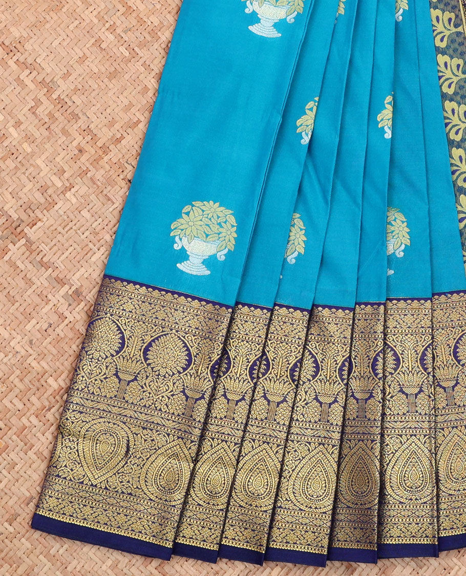 Blue Budget Silk Saree, Gleamed Up with Buttas All Over Its Body, Complemented by a Contrast Traditional Zari Design Border, Grand Pallu, and Paired with a Contrast Blouse