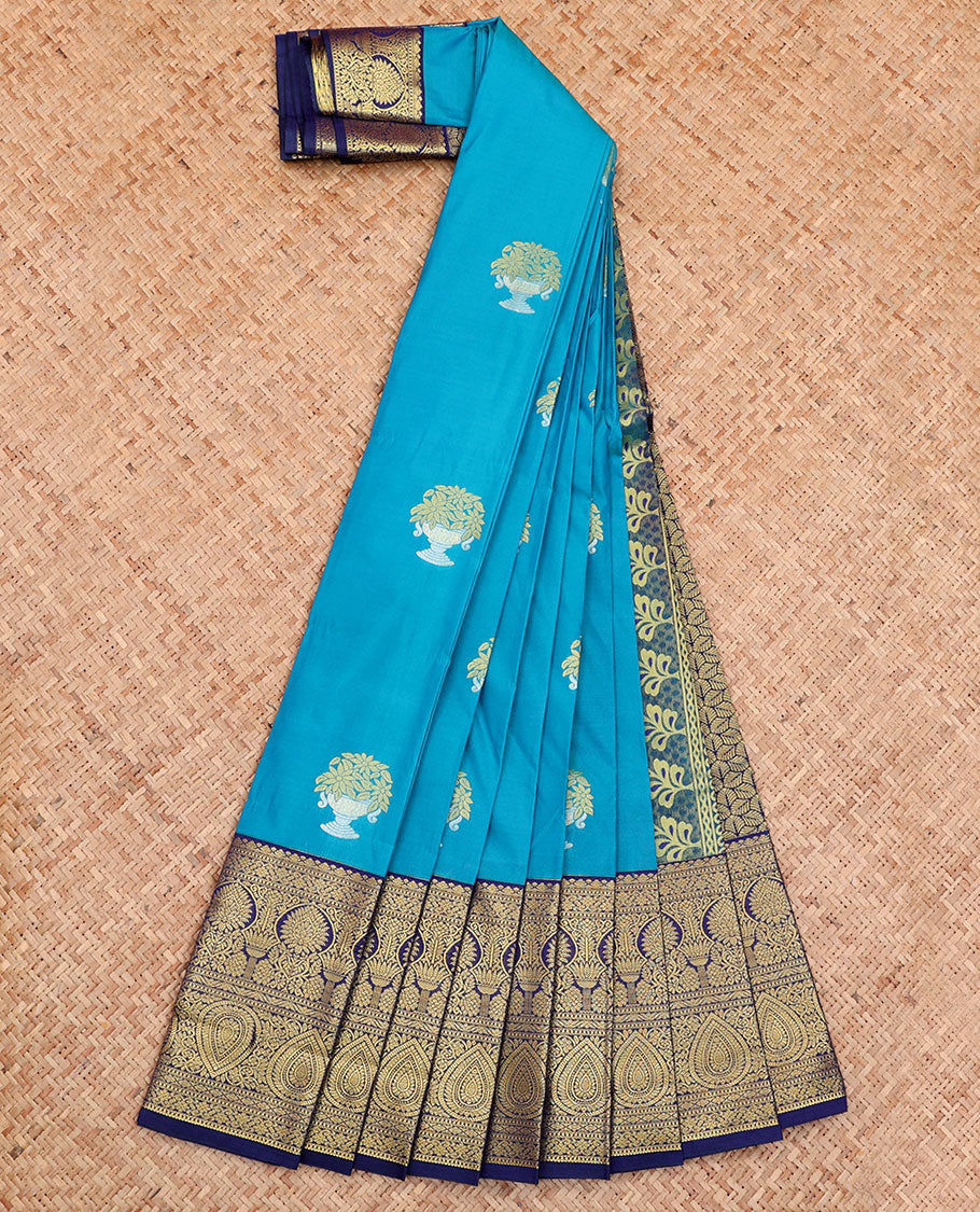 Blue Budget Silk Saree, Gleamed Up with Buttas All Over Its Body, Complemented by a Contrast Traditional Zari Design Border, Grand Pallu, and Paired with a Contrast Blouse