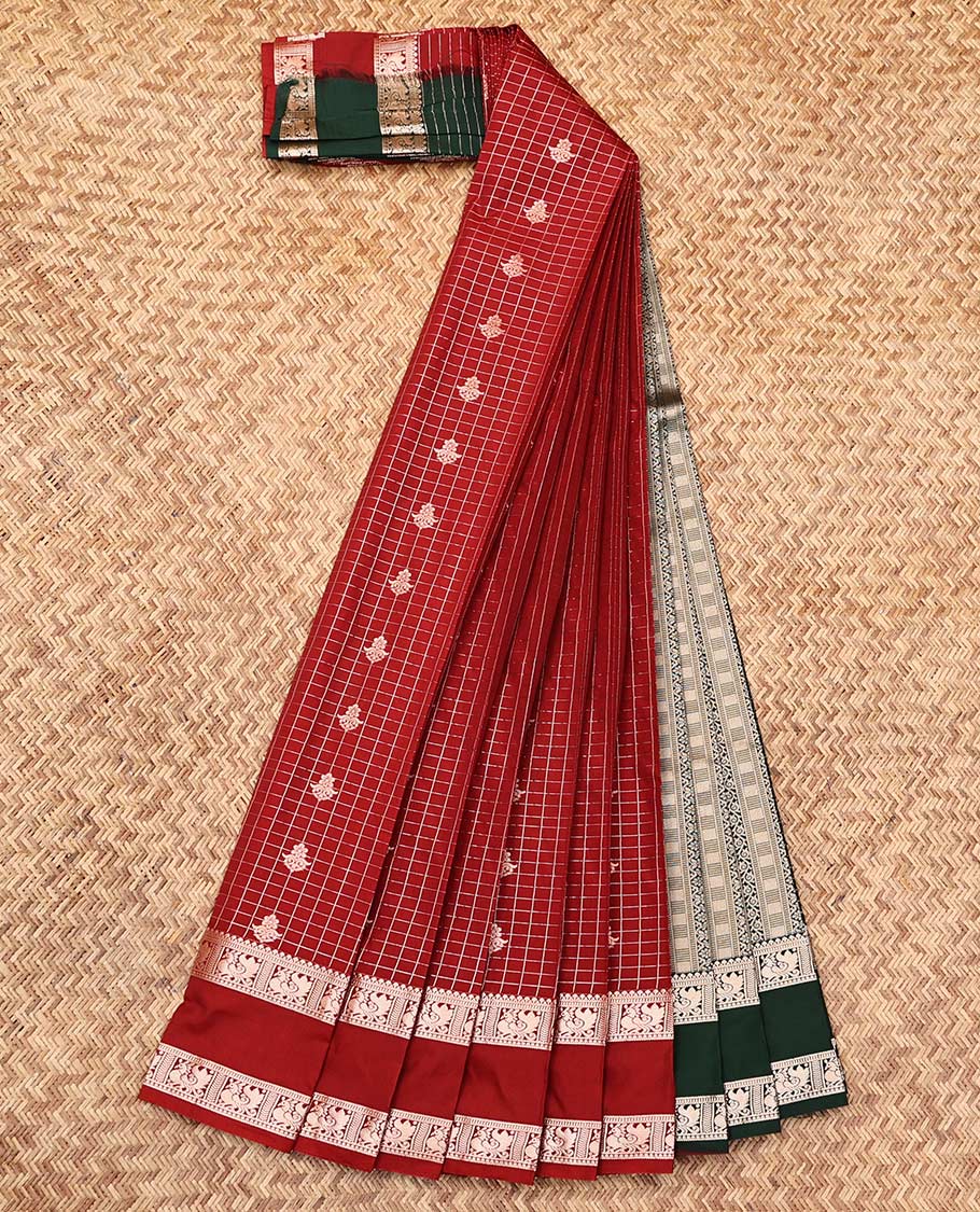 Maroon Budget Silk Saree, Prettified with Zari Buttas and Checks, a Traditional Zari Rettai Pettu Border, Contrast Geometric Pallu, and a Contrast Blouse