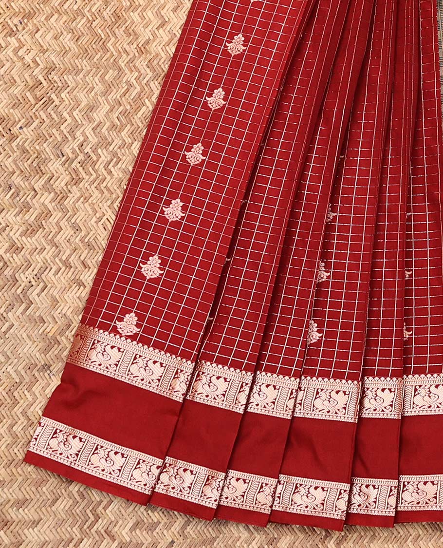 Maroon Budget Silk Saree, Prettified with Zari Buttas and Checks, a Traditional Zari Rettai Pettu Border, Contrast Geometric Pallu, and a Contrast Blouse