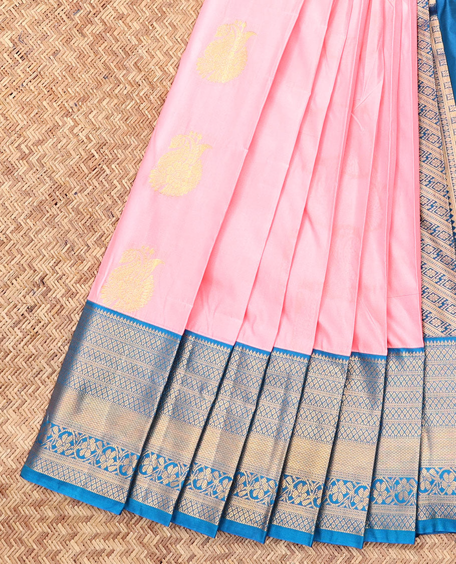 Pink Budget Silk Saree, Bedecked with Zari Buttas, Complemented by Contrast Traditional Zari Border, an Intricate Pallu and a Contrast Blouse