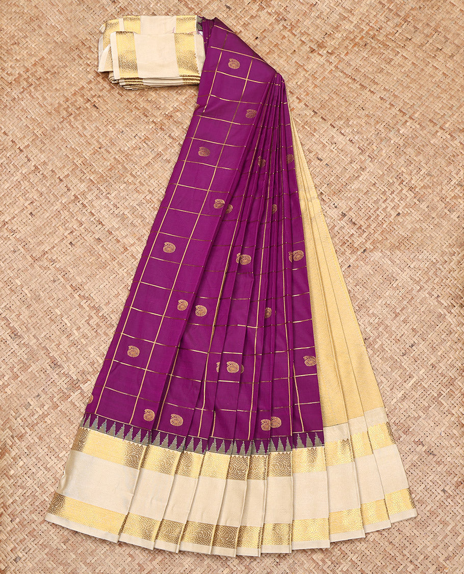 Purple Budget Silk Saree, Ornamented with Zari Butta Enclosed Checked Design on Its Body, Complemented by a Contrast Traditional Zari Design Rettai Pettu Border, Grand Pallu, and Paired with a Contrast Blouse