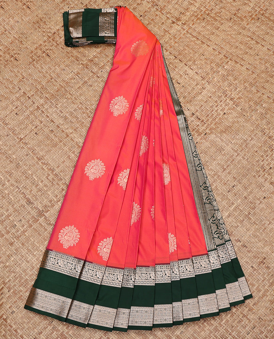 Pink Budget Silk Saree, Detailed with Zari Buttas All Over Its Body, Complemented by a Contrast Traditional Zari Design Rettai Pettu Border, Intricate Pallu, and Paired with a Contrast Blouse