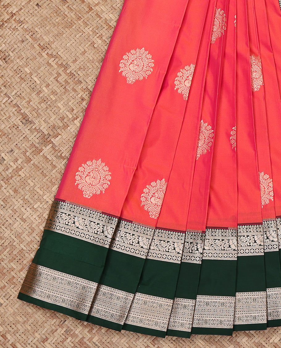 Pink Budget Silk Saree, Detailed with Zari Buttas All Over Its Body, Complemented by a Contrast Traditional Zari Design Rettai Pettu Border, Intricate Pallu, and Paired with a Contrast Blouse